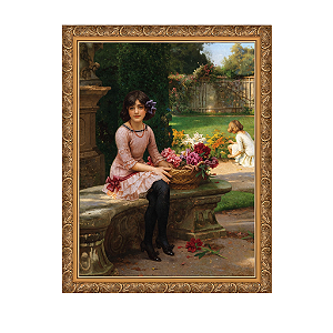 Menina com flores sentada em um banco de parque