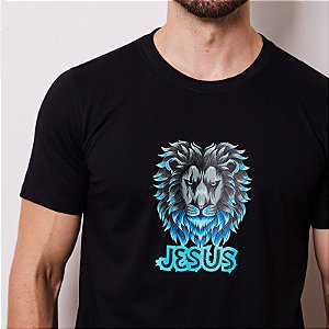 Camiseta básica cristã unissex Leão Azul no 30.1 penteado