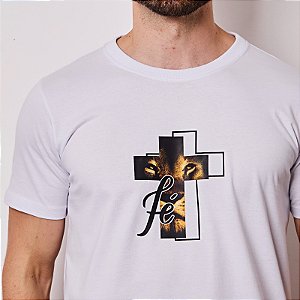 Camiseta basica cristã Leão cruz Fé unissex 30.1 Penteado