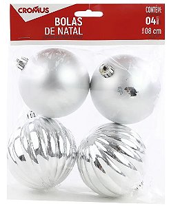 Bola de Natal - Enfeite Bola Fosca Prata - com 4unidades - 8cm - Cromus