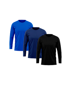 Kit 3 Camisetas Masculina Manga Longa Proteção Solar UV 50+ Royal-Marinho-Preto