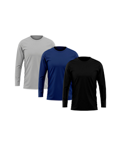 Kit 3 Camisetas Masculina Manga Longa Lisa Básica Segunda Pele Proteção Solar UV 50+ Cinza-Marinho-Preto