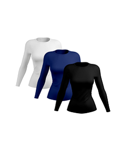 Kit 3 Camisetas Feminina Proteção Solar UV Camisa Térmica Manga Longa Branco-Marinho-Preto