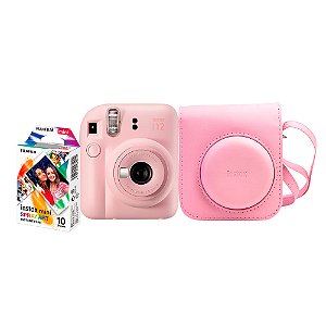 Kit Câmera Instantânea Fujifilm Instax Mini 12 Rosa Pack 10 Filmes Spray Art Bolsa Rosa Gloss