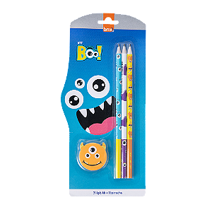 KIT ESCOLAR - MONSTER (3 LÁPIS HB + 1 BORRACHA) - BLISTER