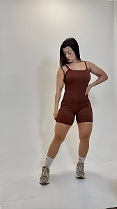 Macaquinho Feminino Fitness Tecido Jacquard curto ou meia coxa cor Marrom