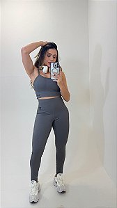 Conjunto de Jacquard Top Cropped+Legging Cós Alto - Cor Grafite