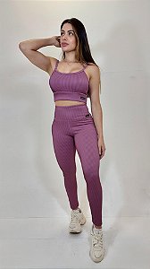 Conjunto de Jacquard Top Cropped+Legging Cós Alto - Cor Tulipe Matte