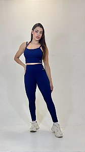 Conjunto de Jacquard Top Cropped+Legging Cós Alto - Azul Marinho