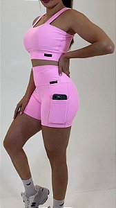 Shorts Com Bolso Feminino cós alto linha Paris Premium, tecido blackout ZERO transparência