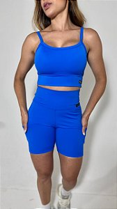 Conjunto Azul Royal fitness feminino Top cropped + Shorts com bolso cós alto linha Duplex Power