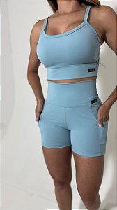 Conjunto Azul Mirante fitness feminino Top cropped + Shorts com bolso cós alto linha Duplex Power