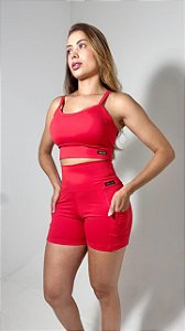 Conjunto fitness feminino Vermelho Top cropped + Shorts com bolso cós alto linha Duplex Power