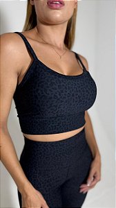 Top Cropped Jacquard Lux - Coleção Animal Print - Cor Preta