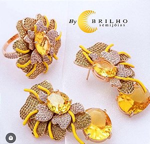 Brinco de pedra amarelo canário cravejado com zircônia dourado (9899)