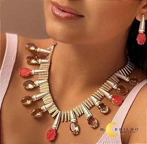 Conjunto de colar (fecho lagosta com extensor) e brinco de pedra fusion laranja e citrino cravejado com zircônia dourado (11249)