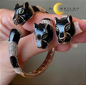 Bracelete de pantera esmaltado com zircônia e olho pedra esmeralda dourado (9846)