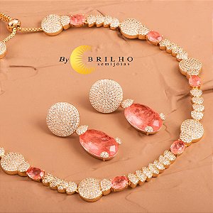 Conjunto de colar (fecho gravatinha) e brinco com zircônia e pedra morganita dourado (11283/10140)