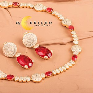 Conjunto de colar (fecho gravatinha) e brinco com zircônia e pedra rubi dourado (11284/10141)
