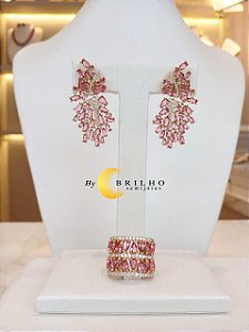 Brinco de zircônia navete rubi dourado (10273)