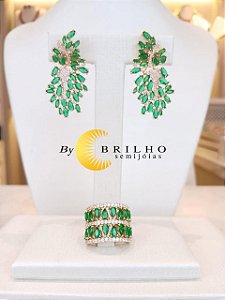 Brinco de zircônia navete esmeralda dourado (10273)