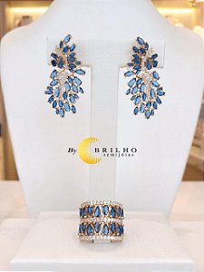 Brinco de zircônia navete safira dourado (10273)