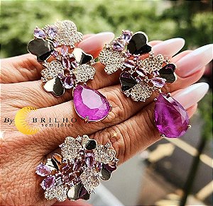 Brinco de pedra fusion lavanda, cristais e zircônia dourado (10136)