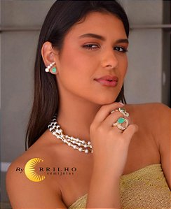 Anel de gota pedra fusion turmalina com pérolas dourado (7957)