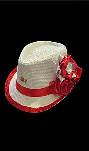 Chapéu malandra branco/vermelho, aba curta
