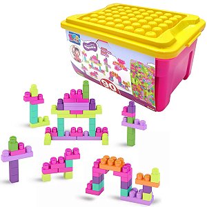 Blocos De Montar Super Caixa Divertida Rosa 90 Peças MK446
