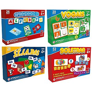 Kit 4 Jogos Pais e Filhos Educativos Alfabeto, Soletrar, Vogais e Silabas