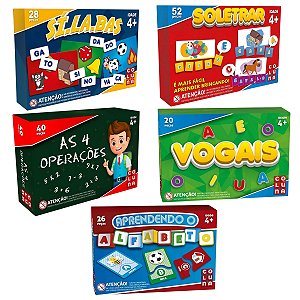 Kit 5 Brinquedos Vogais Sílabas Soletrar Alfabeto Operações