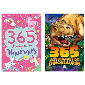 Kit 2 Livros: 365 Atividades Com Unicornios Para Colorir + 365 Atividades De Colorir Dinossauros