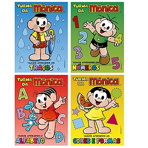 Kit 4 Livros da Turma da Monica - Vamos aprender Cores, formas, numeros, alfabeto e tracos
