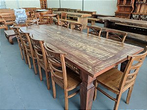 Mesa em Madeira de Demolição 300x120 com 10 Cadeiras