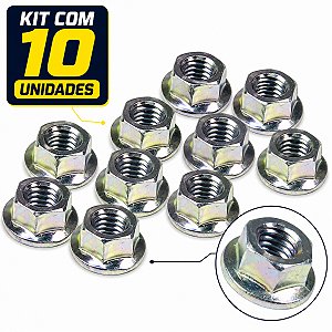 Kit 10 porca M8 sextavada com flange chave 12 zincada