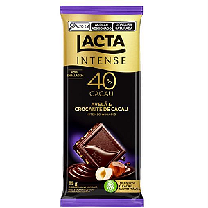 Chocolate Lacta Intense 40% Cacau Avelã e Crocante de Cacau - Embalagem com 85G