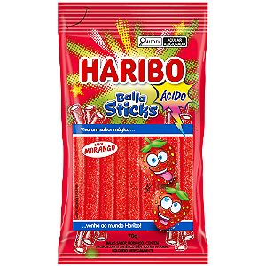 Bala Sticks de Gelatina Haribo Sabor Morango Ácido - Pacote com 70G