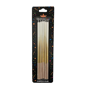 Vela Palito Grande Dégradé Pérola Com Dourado 15CM - Pacote com 6 UN
