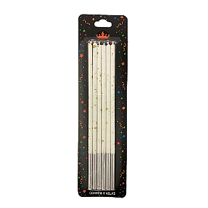 Vela Palito Gigante Branco Com Dourado 17CM - Pacote com 6UN