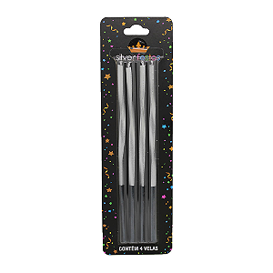 Vela Metalizada Torcida Prata 15CM - Pacote com 4UN