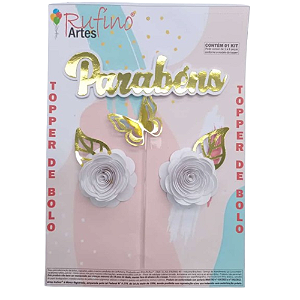 Topo de Bolo Rufíno Parabéns Floral Branco e Dourado - Embalagem com 1 UN