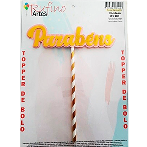 Topo de Bolo Rufíno Parabéns 3D Dourado e Rosa - Embalagem com 1 UN