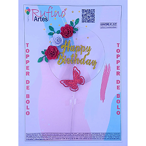 Topo de Bolo Flutuante Rufíno Happy Birthday Flor Vermelho - Embalagem com 1 UN