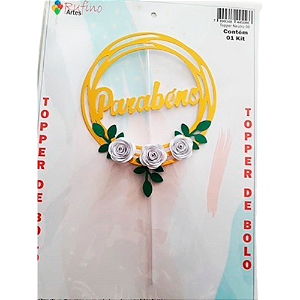 Topo de Bolo Rufíno Parabéns Círculo Dourado com Rosas Brancas - Embalagem com 1 UN
