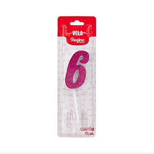 Vela Regina Pick Pink Glitter N°6 - Embalagem com 1 UN