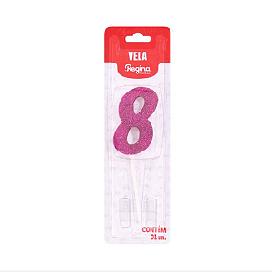 Vela Regina Pick Rosa Glitter N°8 - Embalagem com 1 UN