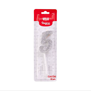Vela Regina Pick Prata Glitter N°5 - Embalagem com 1 UN