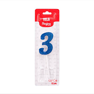 Vela Regina Pick Azul Glitter N°3 - Embalagem com 1 UN