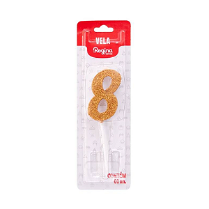 Vela Regina Pick Dourada Glitter N°8 - Embalagem com 1 UN